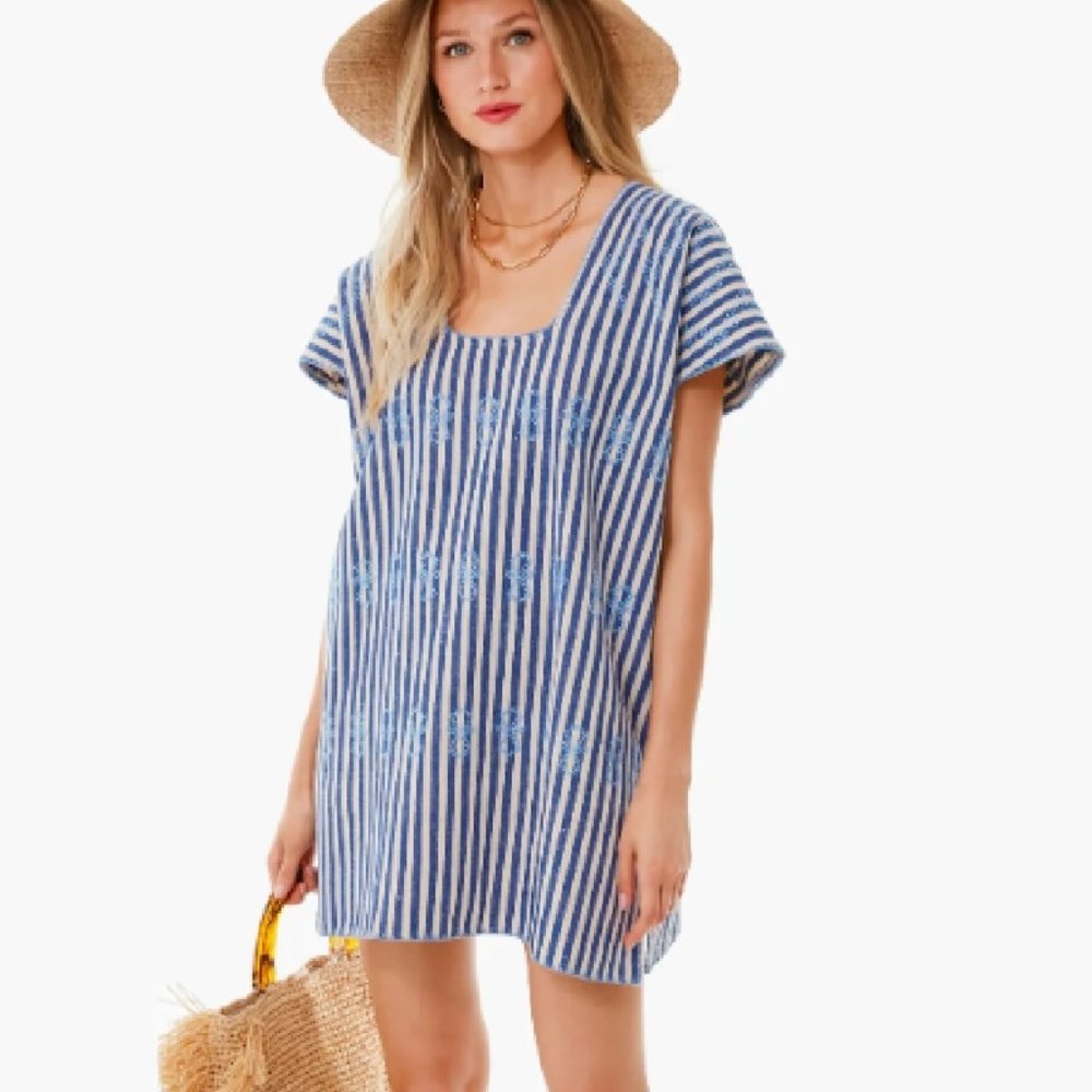 NWOT Tuckernuck Blue Stripe Mini Sullivan Embroidered Canvas Caftan Medium